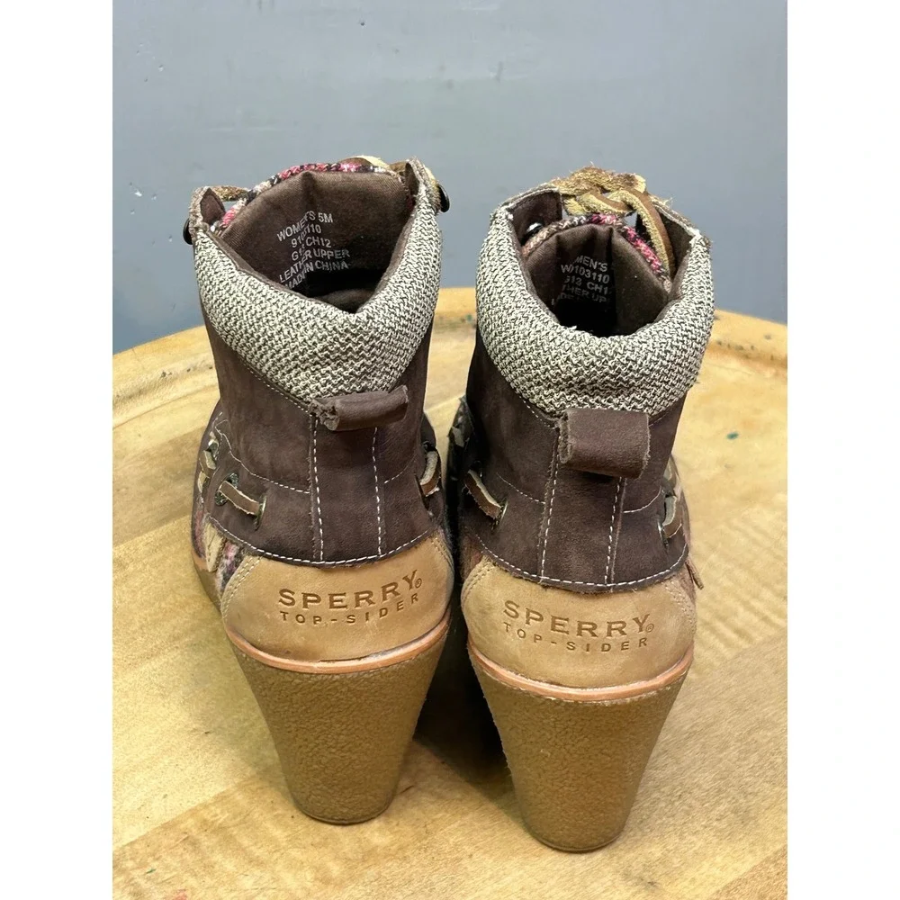 Sperry Top-Sider Wedge Boots Women 5M Brown Leather Plaid Wool Knit Ankle Bootie